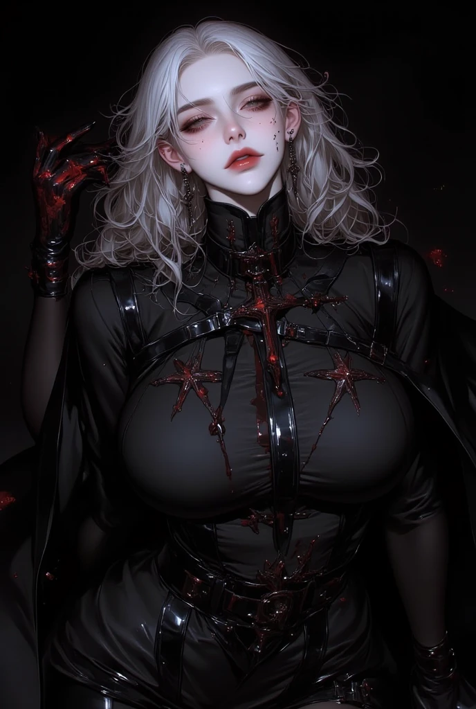 bs, solo, simple background, monochrome, upper body, greyscale, bodysuit, black background, 1other, monster, arms at sides, horror (theme) there is a large-breasted woman in the picture with her arms torn off and her face bleeding, ravens flying in the background, stocking, hot lingerie, big round boobies, red paint splatted on it, white hair