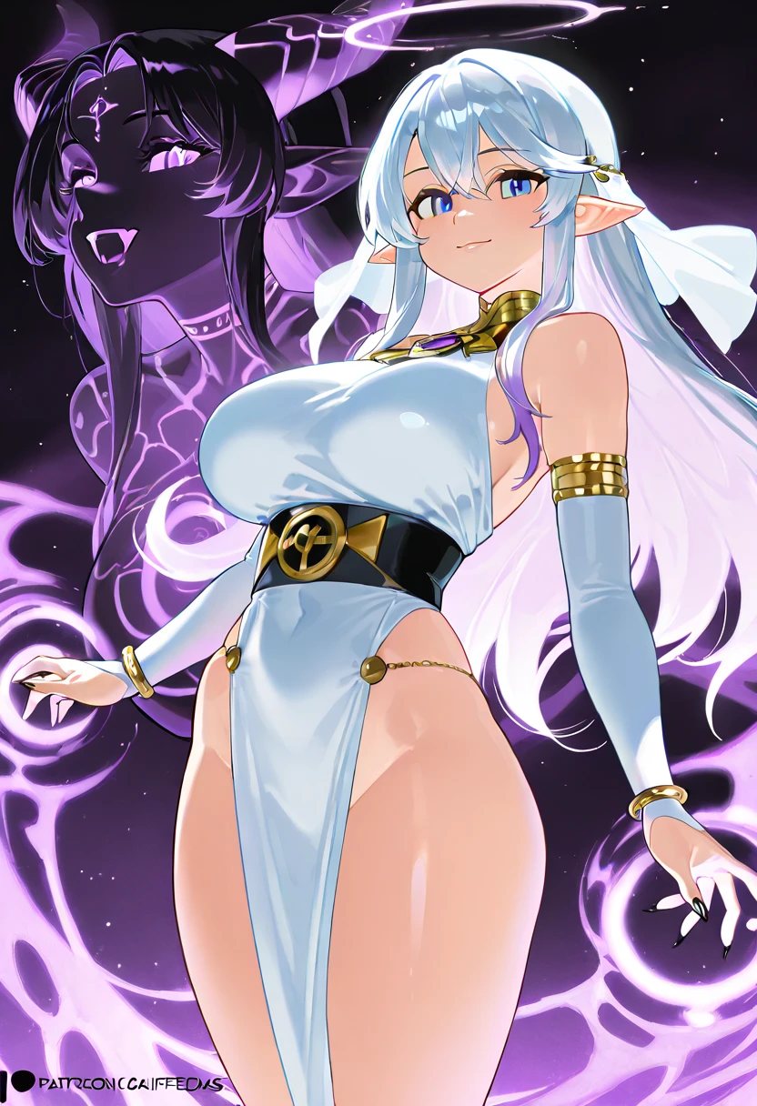 Goddess demon woman, white shiny Skin body, Full body white shiny skin, Long white hair (golden shiny Lines), black white eyes (no pupils), Big breast, Full white shiny naked body exposed, Nipple exposed, vagina exposed, Golden shiny line tattoos on body, small Pink gem on chest, Long golden bracelet on arms, Golden Eyelashes, happy smiling lewd face, white tongue sticking out