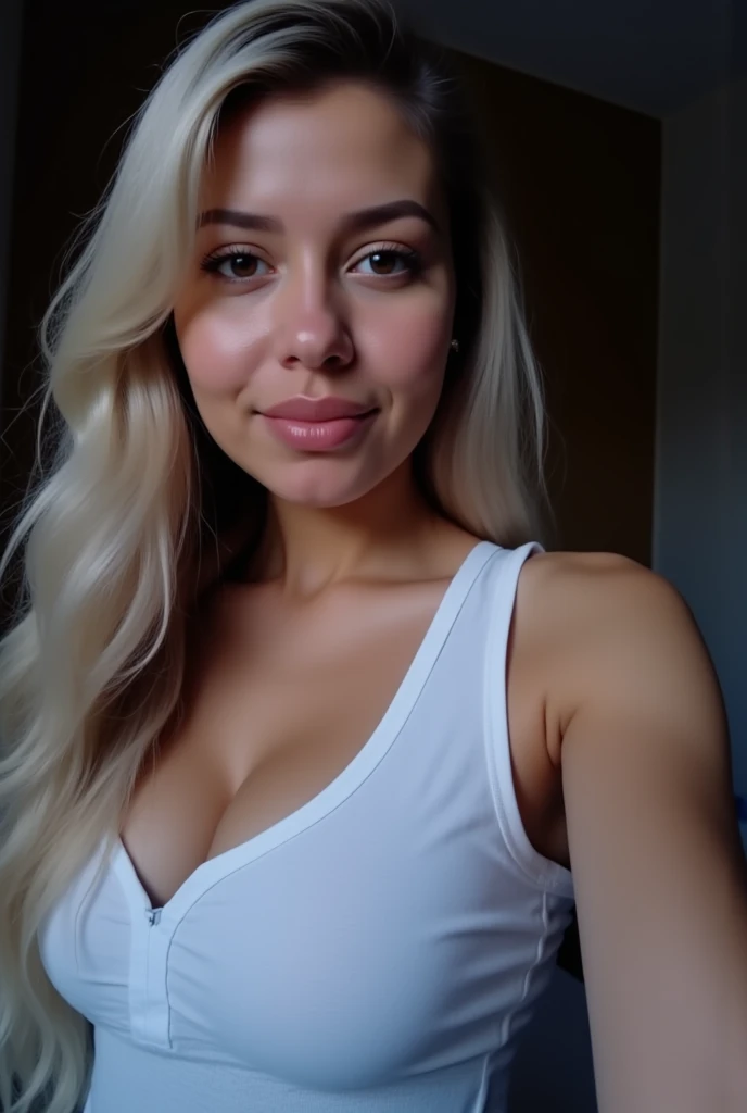 blonde cute girl squiz breast in pink top selfie