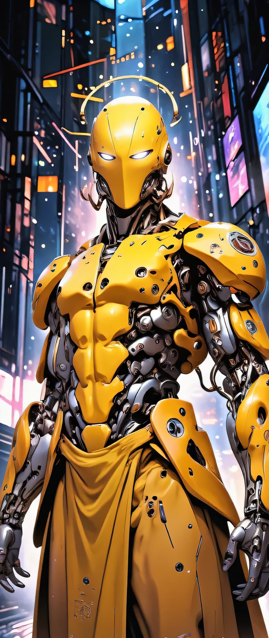 (masterpiece:1.2),(Highest Quality),(super detailed),(ultra high resolution),(best illustration),8k,Wallpaper,beautiful female cyborg,Full Body,psychedelic,Yellow costume、vector art,layered texture,progressive, Neo Tokyo