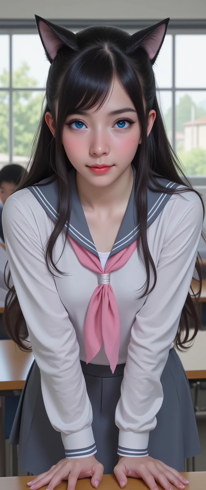 score_9, score_8_up, score_7_up, source_anime, rating_safe, expressive eyes, perfect face, illustration, ayase aragaki, small chest, long hair, cat ears, blue eyes, black hair, hair between eyes, beautiful_female_fingers,(4_fingers and 1thumb on hand), perfect hand, , skirt, school uniform, serafuku, shirt, white shirt, grey sailor collar, grey skirt, pleated skirt, neckerchief, pink neckerchief, indoors, classroom, bent over, smile, looking at viewer, cowboy shot, solo, dutch angle, feminine beauty, beautiful face and mesmerizing beauty:1.2,seductive, warm and detailed eyes:1.2, stary eyes:1.5, longfade eye brows, remarkable detailed pupils, dark kajal and long dark eye lashes:1.5, long dark eyebrows and dark heavy eyeliner:1.5, Matte eyeshadow and mascara:1.5