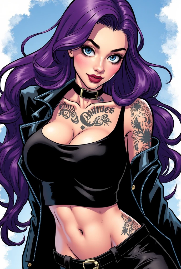 Noir painting of a sexy enchanting sorceress in black dress posing for a picture, flowing purple hair, lush purple lips, mesmerizing blue eyes, almond shaped eyes, highly detailed eyes, curvy, looking at viewer, coy smile, purple haired sorceress, young, beautiful, powerful, magical woman, dark fantasy, sexy girl, super villain, real, high detail, best quality