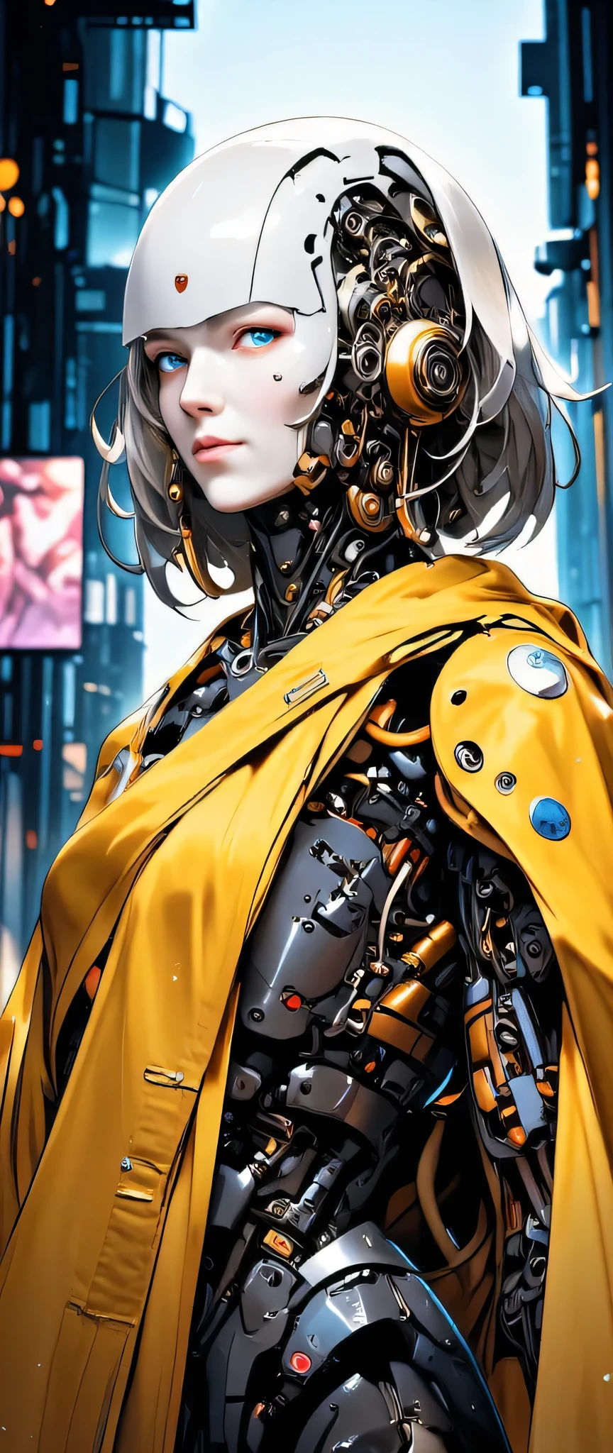 (masterpiece:1.2),(Highest Quality),(super detailed),(ultra high resolution),(best illustration),8k,Wallpaper,beautiful female cyborg,Full Body,psychedelic,Yellow costume、vector art,layered texture,progressive, Neo Tokyo