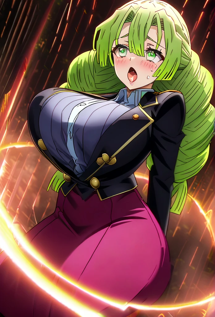 1 girl, super wide hips, super large butt, thicc, green skirt, white belt, purple boots, purple jacket, long green hair, green earrings, super large breasts, masterpiece, green eyes, dark green hair, highres, super large thighs, ass focus, thicc ass, super large hips, One Piece, angry expression, curvy, panties