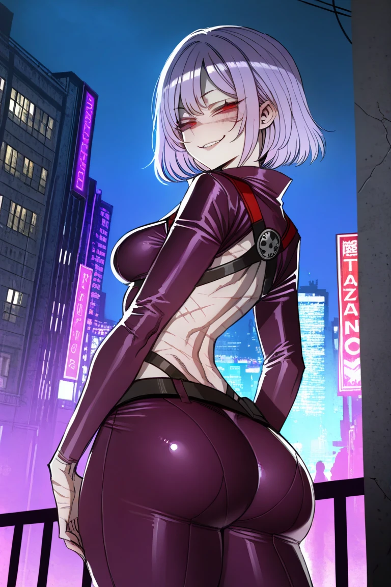 {1girl in},{{{{{masutepiece++, Best Quality++, Ultra-detailed+, 超A high resolution,(Photorealistic:1.4)Cowboy Shot,Mash Kyrielight, (Fate)Raw photo,(Mash Kyrielight)+,(Mash Kyrielight)+,(Mash Kyrielight,  (Fate),(Pink hair),(Short hair,)Purple eyes,Hair over one eye ,((Girl in a black latex suit 1.4)), (Doll Suit:1.3)very aesthetic, Best Quality, absurderes, 1girl in, Brainwashed,}}}} ((Sky Eyes 1.3)), (huge-breasted:1.2)The shape of  is clearly visible、(The shape of the pubic area is clearly visible))deadpan, laboratory, Darkness Room, (Neon light:1.2), (Night:1.5), stand up and salute