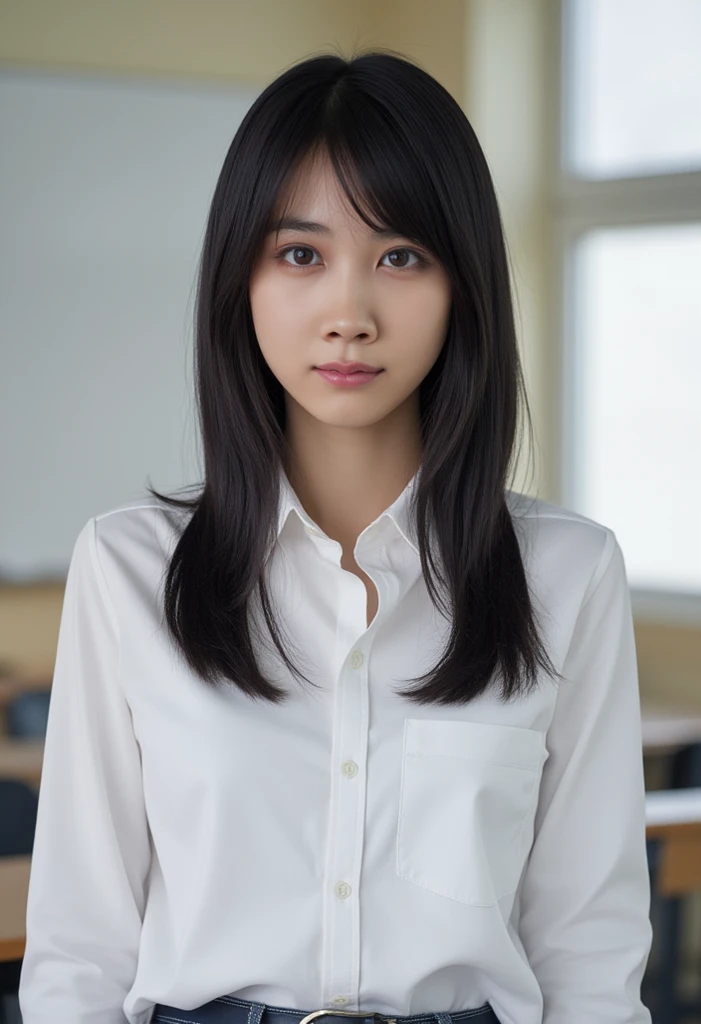 Yui, photo of female, age 15 year, perfect pupils, black shoulder length hair with brown highlights, (film grain, high detailed skin, skin pores), tight black bodycon, in empty office, side view, full body