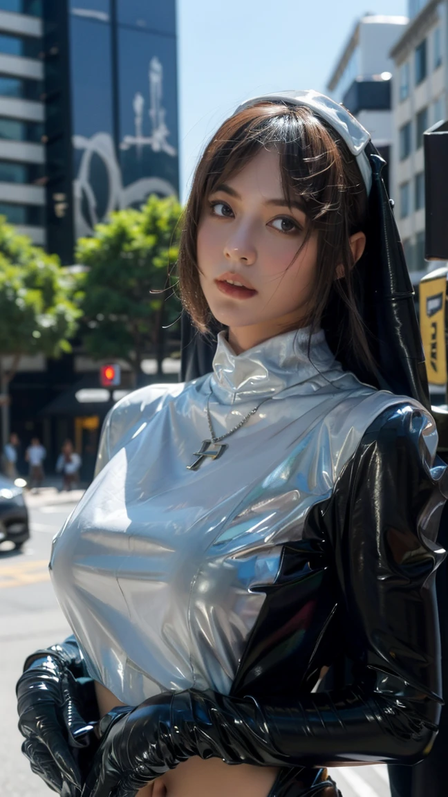 masterpiece, best quality, (cityscape:1.4),(street:1.4),(large breasts:1.3), (outdoors:1.3), (photorealistic:1.4), (ultra detailed:1.3), unity 8k wallpaper, 1girl, solo, long hair, jewelry, latex bodysuit, latex gloves, necklace, nun, stabbed by knife stomach