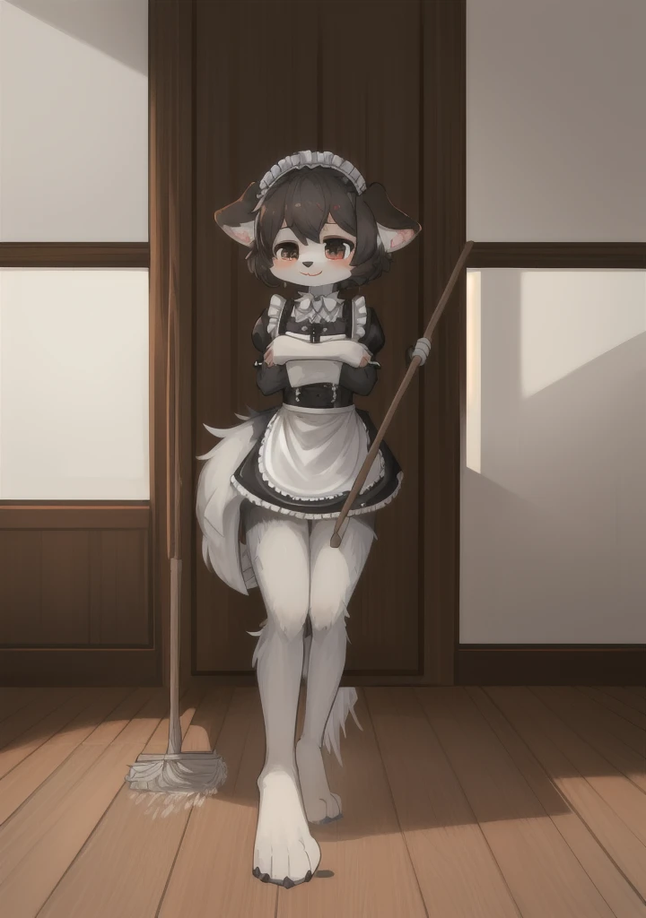 highest quality、masterpiece、((1 girl))、((smile:1.5))、(blush:1.5)、black shirt、blouse、((fun!!))、(small breasts)、(dog ears)、(silver hair)、()、((white apron:1.5))、((maid))、((hair ornaments)),、Kamimei、look at me、 ((in house:1.5))、 Take a break to watch the audience、((shaved pussy:1.5))、(highly detailed closed labia:1.5)、((Peeing is occurring:1.8))、peeing、light blue eyes、long hair