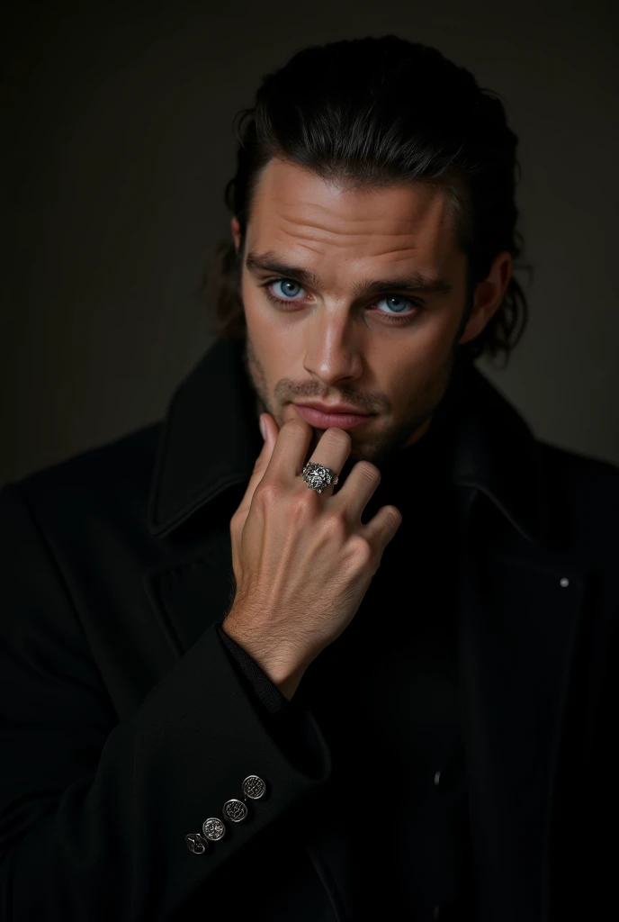 Imagem 4k, ultra HD. Handsome young man The clothes... sempre escuras. Preto, cinza, sometimes a very deep wine, quase . Nada de estampas, nada chamativo, but all impeccably cut. A long overcoat that seemed to absorb the light around, stiff collar shirts, luvas de couro fino. and rings . Always with at least one silver ring on the middle finger of the right hand — simple, mas antigo. Imposing and mysterious pose, dark environment with the background harmonizing with the subtle lighting of the image. Dark hair combed back, foto em close, Very close to his face. One hand thoughtfully touching one's own chin. 