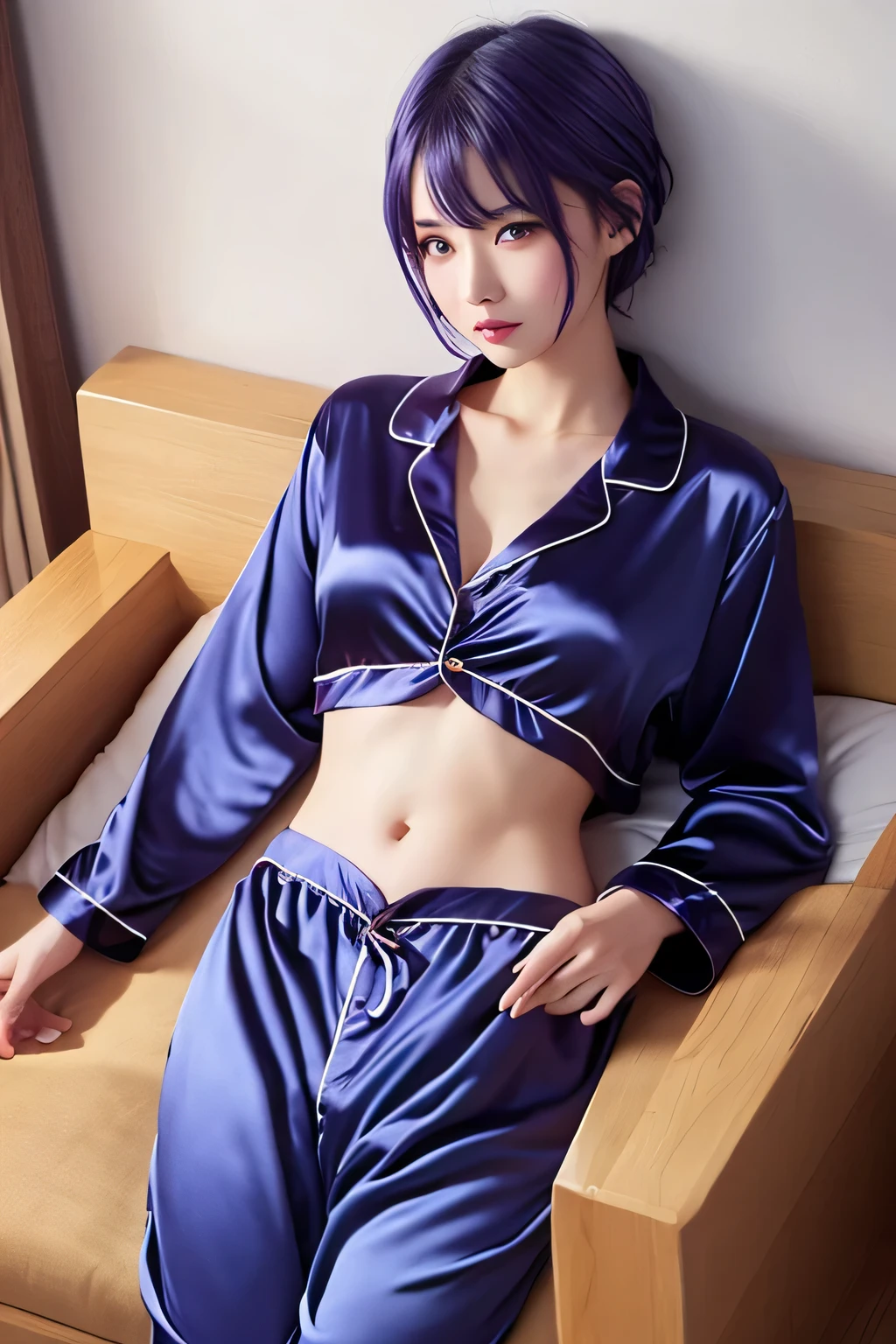 ((high quality:1.2)), work of art, (8k), extremely detailed, ((High detail:1.2)), ((best resolution:1.4)), Solo, 1girl, 24 years old Korean Ulzzang female, ((pajamas, pants, crop top)), 