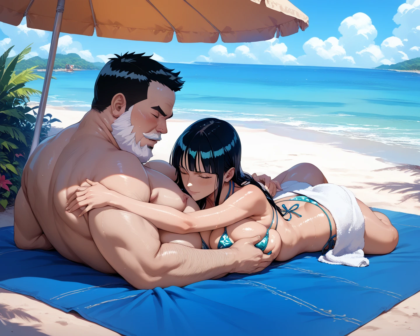 {perfect anatomy},((beautiful face:1.5)),((Pregnant: 0.8)), ((((french kiss, 1 girl, 1 old man, hetero,kiss, french kiss, tongue kiss:1.6))), (Ahegao, blush, Sweat, Open mouth, Rolling eyes, Tears, Tongue out,)(Parted lips),(Closed eyes),(Feeling weak),(masterpiece, highest quality, shape, delicate details, 8K:1.3), (studio light, best shadow, picturesque, style adder),((KanColle)),(table top, highest quality:1.2),
masterpiece, highest quality, High resolution,
(KonishiCSA)_(ShizumaCSA), (Alpha CDE:1.3)_(Gamma CDE:1.15),
break
(Perfect Anatomy), (Symmetrical eyes, Very detailed eyes, Beautiful Eyes), (Sharp eyeliner, Very detailed face, Beautiful Face), (Iris),
break
nice hands, Perfect hands, Handcrafted by Guido Daniele,
break
1girl, alone,
break
AkizukiBikiniKC, (Akizo) bikini, (white) bikini, Sandals, (Halter neck) bikini, See-through, belly button, clavicle, Cleavage, between legs,
break
(Outdoor, Beach, null),
break