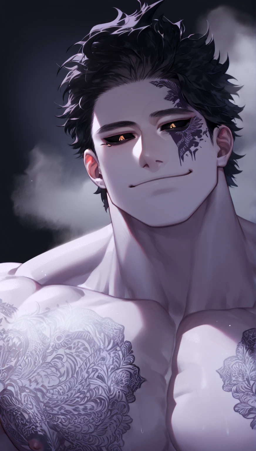 Ultra detailed, HDR, Highres, absurdres, master piece, Gundham Tanaka, black hair, expressive red eyes, without shirt, bare chest, toned chest, Danganropa, sexy man, handsome, flowers, petals, fantasy, magical, green leaves, handsome, best quality, glittering, sensual, horny, water, beach, solo, handsome smile