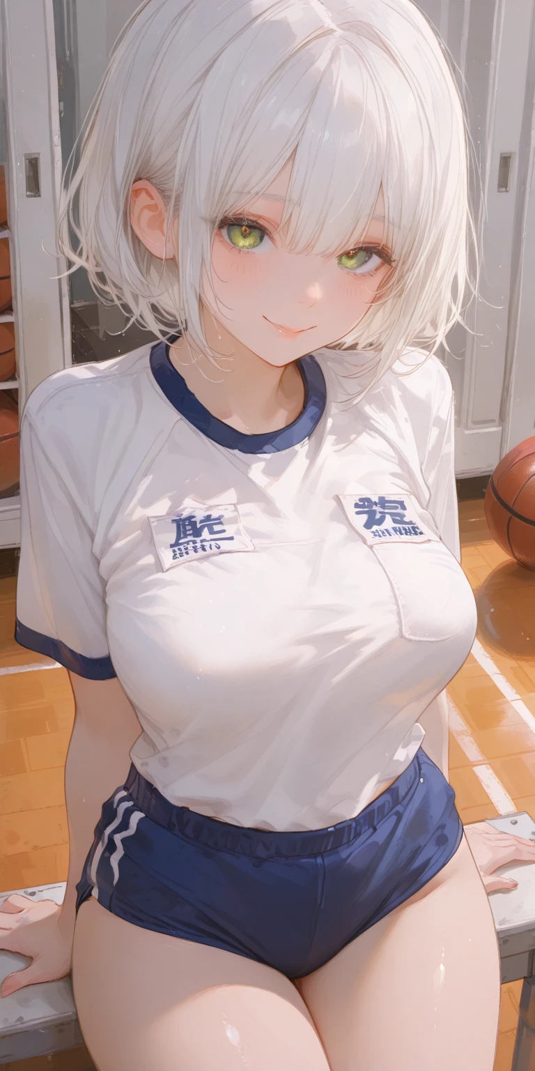 best quality, masterpiece, ultra detailed, atnr, SagawaStyle, 748cmstyle, 1girl, large breast, sweet, shiny skin, overly detailed pupils, smile, gym uniform, open field, entire body,