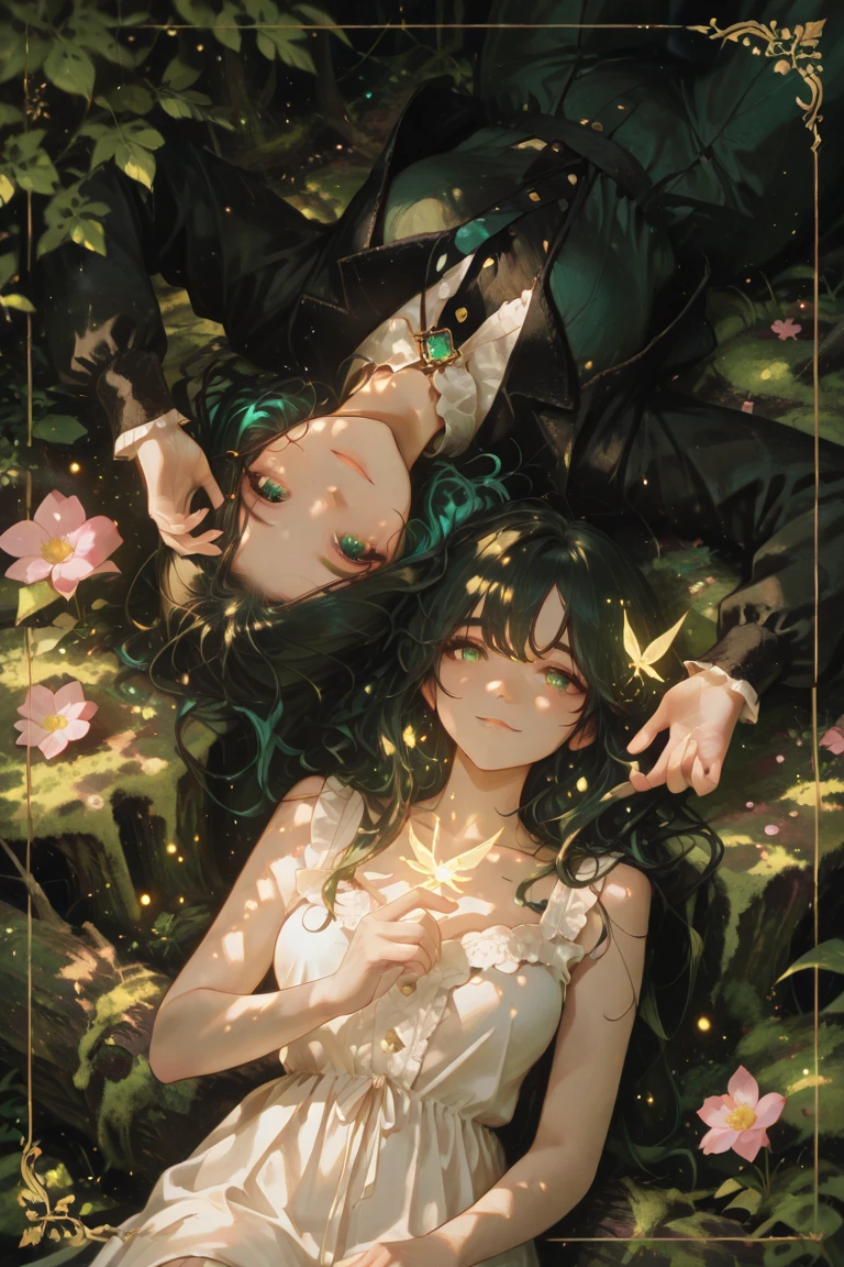 black hair,brown eyes,,(vine:1.3),<lora:MIAOKA_shutengyi_xl_v1.0:0.8>,full body,a woman with green leaves on her body and a mirror in her hand,