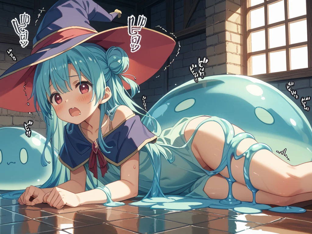 (NSFW:1.5), (realistic, photo realistic:1.2), ((highest quality)), move the center of gravity backwards, pretty embarrassing, full body, Slender, Very cute, elaina (majo no tabitabi), witch hat, long hair, black headwear, purple eyes, hair between eyes, bangs, upper teeth only, teeth, blush, anime coloring, floating hair, shiny hair, bowtie, purple eyes, (Tiny breasts1.2), Lying down, Wide open leg, Raised legs, White costume, Bunny girl ears, Bunny Girl, Semi-undressing, Wet clothes, Wet body, Sheer clothes, Sweat, Under the breasts, Embarrassed, blushing, Showing off, Cleavage, tentacles, (raped by tentacles:1.2), Restraints, Spread legs, (Vaginal with tentacles inserted:1.4), creampie, Breast Out