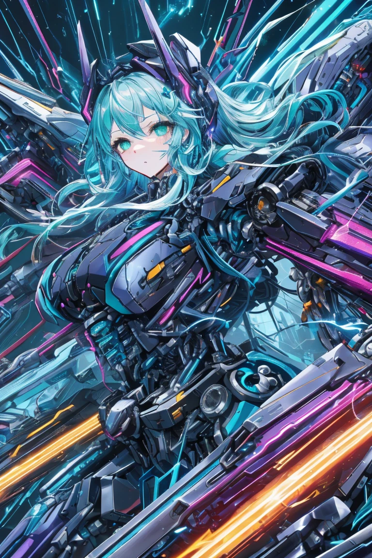 anime style illustration of a girl with pastel green hair in mid-air action. The scene captures motion, with the girl engaging in an aerial battle or performance, with a dynamic composition that movement and intensity.mechanicalwings, futuristicmecha, interdimensionalcyberpunk, glowingcorereactor, etherealenergyfields, cosmicbackdrop, dynamicpose, flowinghair, vividcolors, intricatedetails, cinematiccomposition,intricate_linework, bold_brushstrokes