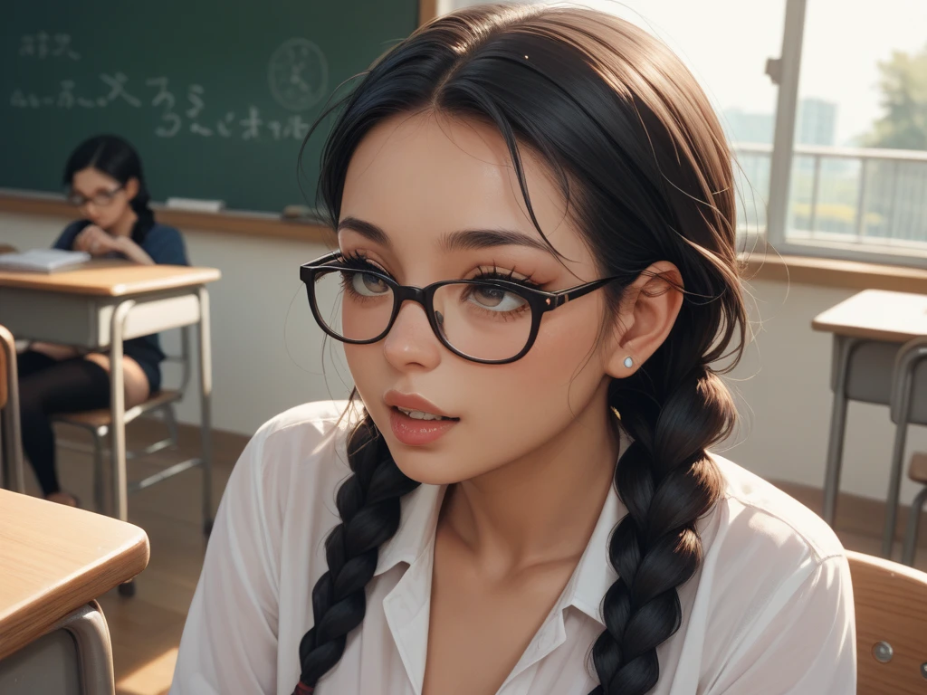 Top image quality、136), (breasted:1.46), (l boobs ipst boobs ,Round face、round glaceride、with round face、slim metal frame glasses、ugly woman wearing round glasses、Healthy eyebrows、One mole during eyebrow attack for the first time in 40 years、Eyes open、Sanpakugan bw、with round faceの美しさ、Crisp eyes、with round face、Tanuki face、Lashes long、beautidful eyes、(wears glasses,Round glasses、round glazed braids、with round face、black mole between eyebrows、w boobs ideas,Atol Oppa Library), (beautiful flower boobs、
