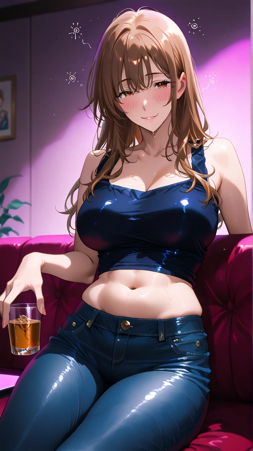 full body shot, thick auburn hair, crystal blue eyes, open mouth smile, aroused 25 years old, playfully aroused, dripping with desire, cleavage, low cut spaghetti strap tank top , shorts, slim waist, standing stretching, coy smile with open parted lips, (blushing:1.3), looking invitingly at the viewer, seductive eyes, facing the viewer, livingroom background, posing by the sofa, (pov), glowing eyes, necklace, earrings, nsfw,