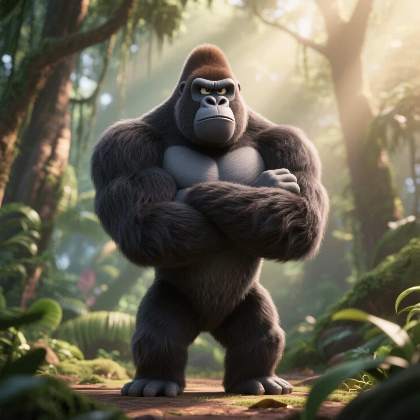 (best quality,4k,8k,highres,masterpiece:1.2),ultra-detailed,(realistic,photorealistic,photo-realistic:1.37),gorilla tag style monkey,black skin,purple eyes,sharp focus,vivid colors,studio lighting,physically-based rendering,extremely detailed face,fierce expression,large muscular body,athletic pose,forest background,sunlight filtering through the trees,dense foliage,misty atmosphere,impactful artwork,paintbrush strokes,lyrical composition,color harmony,contrasting shadows and highlights,subtle texture,three-dimensional effect,energetic movement,colossal presence,awe-inspiring gaze,mysterious aura,exquisite craftsmanship,powerful yet gentle demeanor,superb attention to detail,hint of playfulness,fantastical elements,impressive strength and grace,imposing physique,grandiose scale,artistic interpretation,imaginative storytelling,monochromatic color scheme,outstanding realism,compelling depth,mesmerizing intensity,splendid form,striking beauty,unforgettable masterpiece