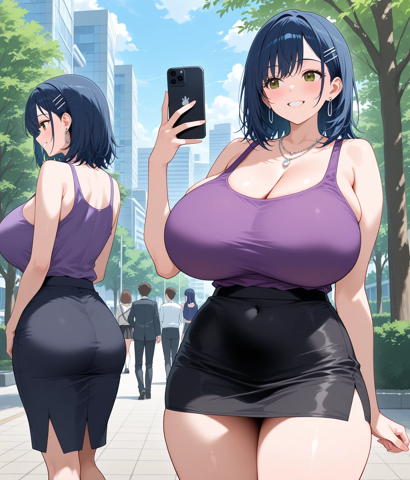 1girl, black_skirt, blue_hair, building, city, cityscape, hair_between_eyes, jacket, looking_at_viewer, medium_hair, multicolored_hair, multiple_boys, night, off_shoulder, outdoors, pleated_skirt, road, shirt, skirt, skyscraper, smile, solo_focus, street, white_shirt, ginormous breasts, overflowing bra, Huge plump breasts, seductive, blushing, steamy , posing, cute hairstyles, soft breasts