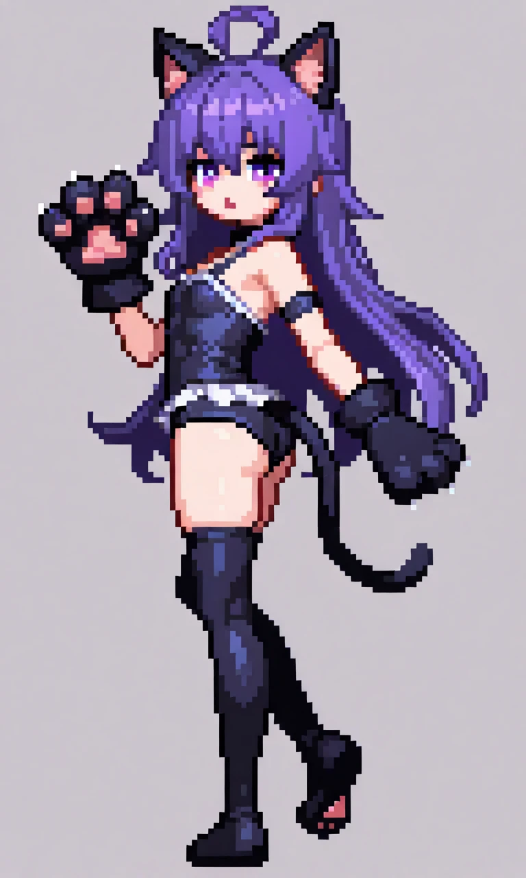 Pixel art, 6-life, full body,run,animal ears, rabbit ears, playboy bunny, a woman, wrist cuffs, leotard, black leotard, fake animal ears, detached collar, tail, pantyhose, strapless leotard , solo, bow, long hair, strapless, bowtie, rabbit tail, high heels, purple hair'full body, black bowtie, brown legwear, white background, standing, black bow, simple background, hair ornament, breasts,Big breasts,black footwear, cleavage, Saori Kido