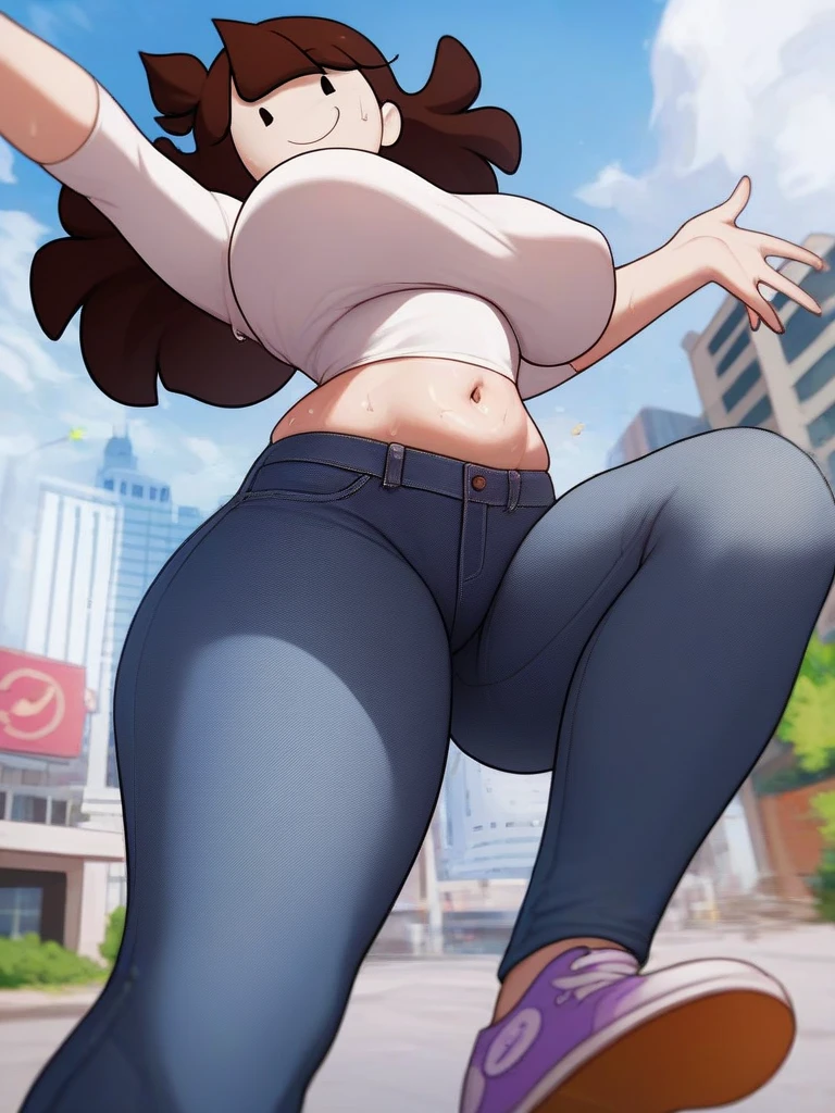 Masterpiece, high resolution, high quality, intricate details, anime girl, full body portrait, back view, 36 year old woman, mature face, mature beauty, brown hair, long wavy hair, blue eyes, athletic body, medium breasts, curvy hips, round ass, cheering, thrilled smile, excited expression on face, ((Wearing: Purple T-shirt, Black Leggings and white tennis shoes)), jumping, arms raised above head, (Background: outdoors, soccer field, blue sky, clouds in the sky),
