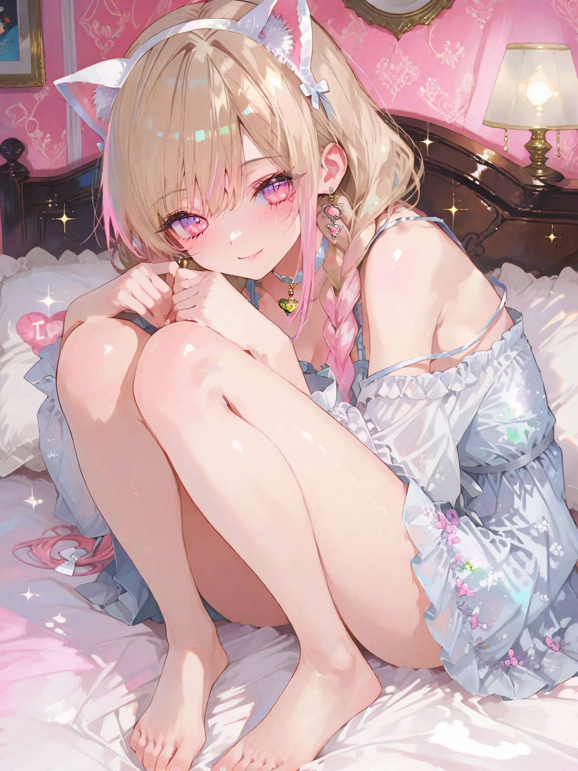 ((1 girl)),cute girl lying on bed, from above, looking up, barefoot, naked, showing pussy, legs spread, uncensored, good lighting, blonde hair, pigtails, young, clothes, showing genitals, breasts