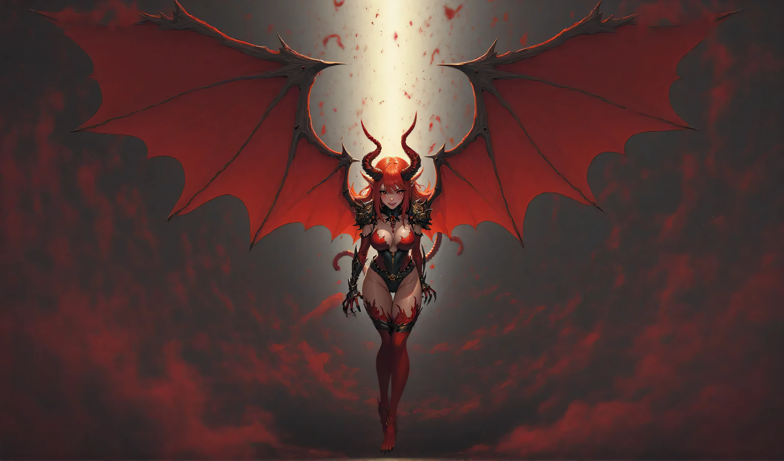 female Lava Demon,dark fantasy setting,red eyes,fiery Devil Wings,sharp horns,red Lava skin,ominous atmosphere,smoke and fire swirling around,casting shadows, intense heat,crumbling ruins,Standing on the melting lava river,gloomy lighting,red and orange color palette,steaming hotness,consuming darkness,otherworldly power