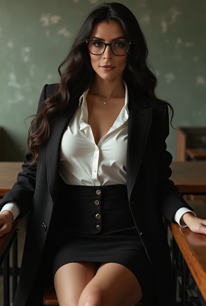 sexy librarian, glasses, sexy revealing librarian clothes, at work, full body, short skirt, curvy body, small waist, french style