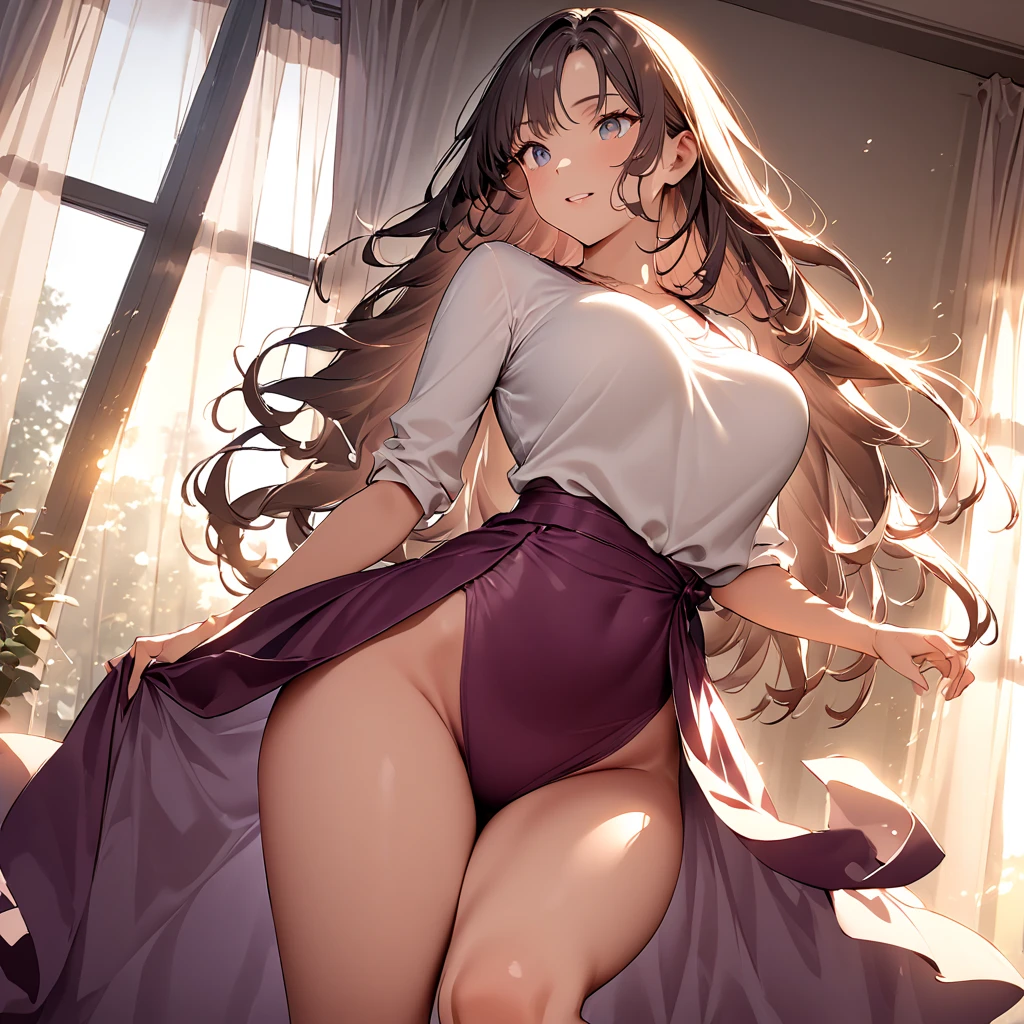 debris flies, highest quality, Highly detailed CG Unity 8K wallpaper, sexy witch , long dark blonde wavy hair、off shoulder knit, dark blue pleated skirt, stockings、medium breasts, saggy breasts, Pose that emphasizes the chest, blush, shy smile, bare shoulders, (pink lace panties、pink good、open your legs wide）、、nice magic book、Cathedral of the Church、Put your hand on the pillar and turn around、stick out your butt、、
