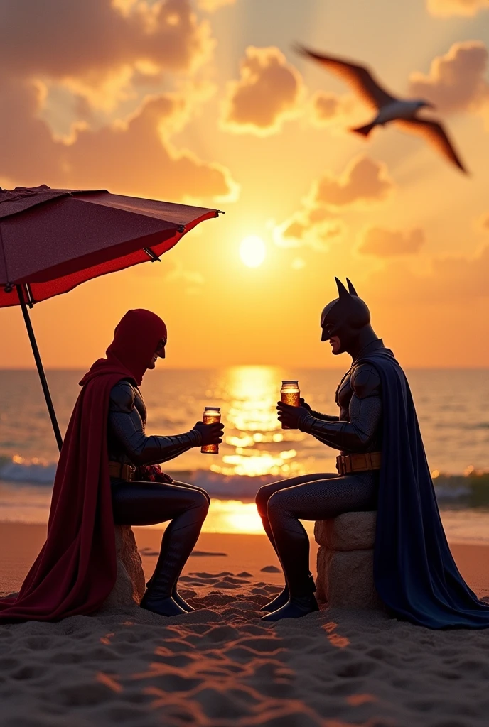 Batman, Wolverine, Spiderman,
siting on the chairs together on the beach late night smoking cigarettes 
