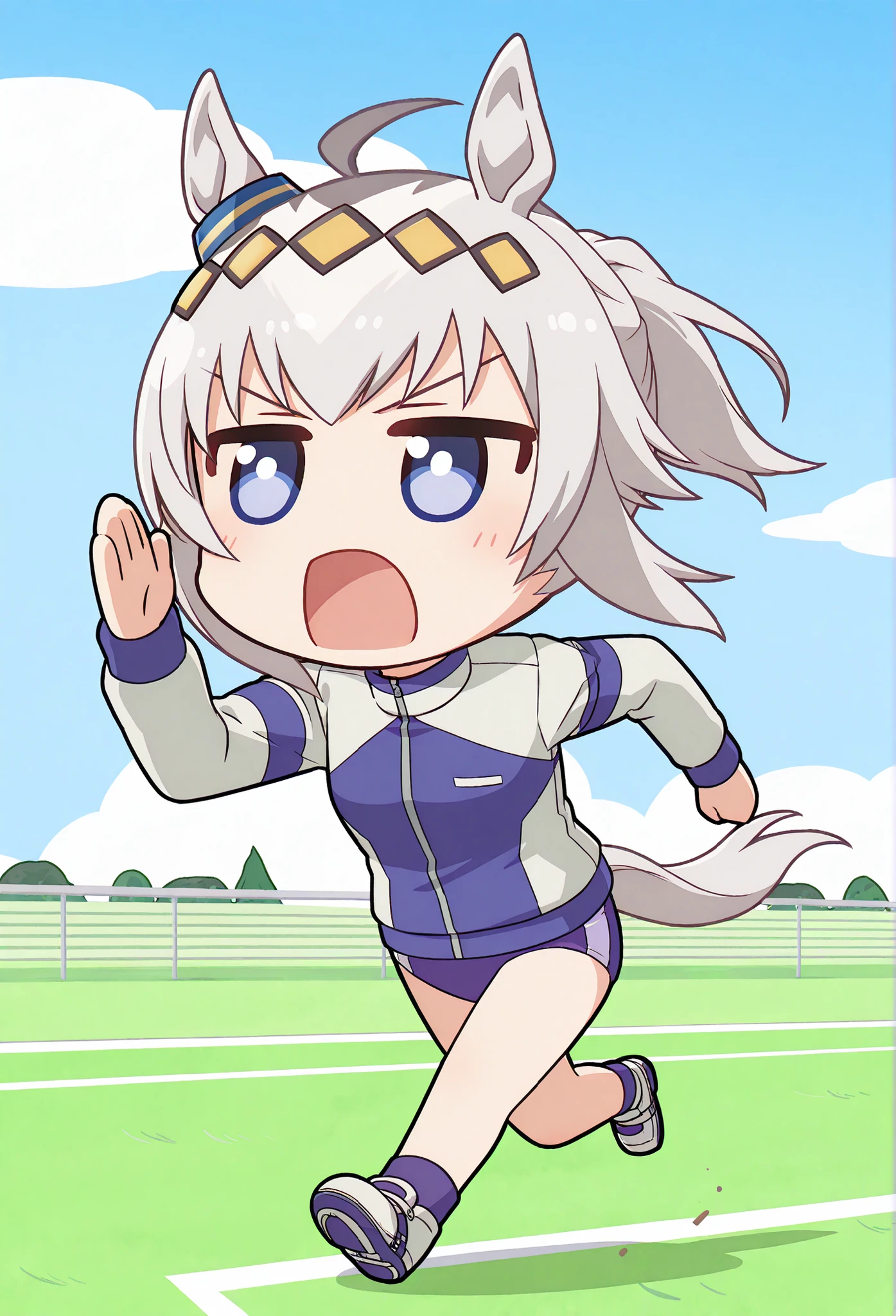 
( chibi:1.3)，Oguri Cap \(Uma Musume\), Running, solo, Horse Ears, Tail, horse Tail, open your mouth, jacket, stupid hair, ponyTail,   underwear, long sleeve, cloud, null, track jacket, Outdoors, chest, day, various hairstyles, blue null, shoes, purple   underwear，gray hair，hair ornament，