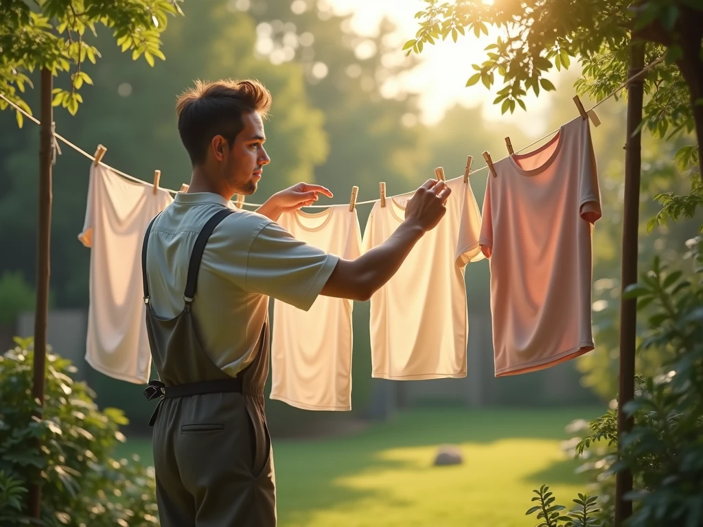 A handsome man washing his clothes in the field naked holding his clothes by a wire to dry