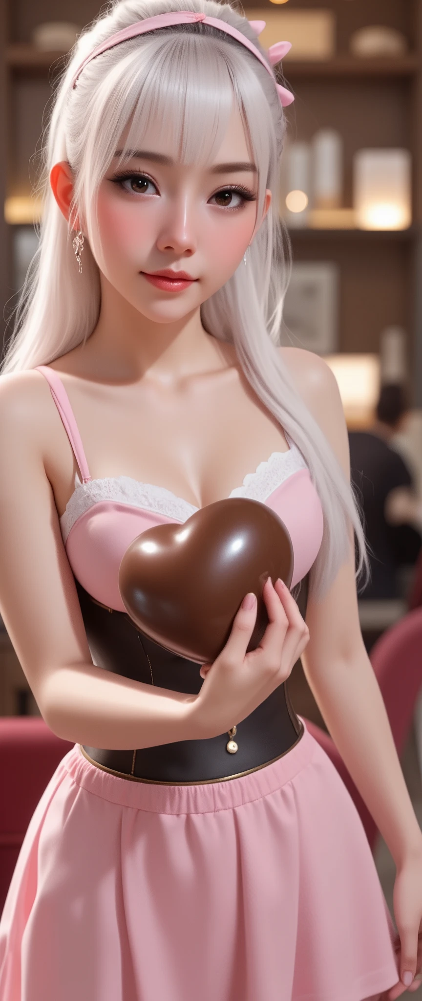 score_9, score_8_up, super realistic depiction, high resolution, masterpiece, highest image quality, high definition, 4K quality, 8K quality, beautiful girl, japanese, cute, sexy maid, (((white hair))), long hair, headband, (((holding a large heart-shaped Valentine chocolate with one hand))), smile shyly, shy look, stare, long eyelashes, (((big brown eyes))), blush, pink lip, (((tilt one's head))), (((big breasts))), slender and toned body, cleavage, (((pink french maid costume))), (((skirt can be rolled up:1.6))), (((white panties:1.3))), (((cute maid cafe:1.4))), (((cafe:1.4))), (((magazine cover))), feminine beauty, beautiful face and mesmerizing beauty:1.2,seductive, warm and detailed eyes:1.2, stary eyes:1.5, longfade eye brows, remarkable detailed pupils, dark kajal and long dark eye lashes:1.5, long dark eyebrows and dark heavy eyeliner:1.5, Matte eyeshadow and mascara:1.5