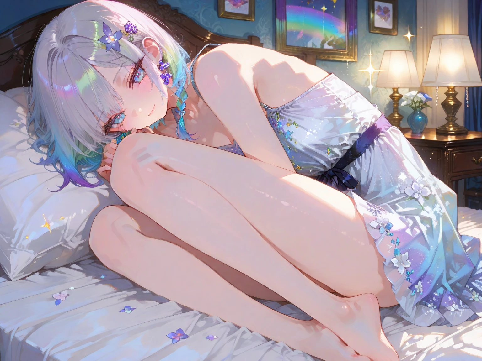 Beautuful Women，Full body like，18yr old，White skin，Raised sexy，Curly silver hair，Golden pupils，Three-dimensional facial features，lips open，Ruddy cheeks，Eyes are confused，Physical exhaustion，Lie down in bed，Spread out your limbs，Long legs， The breasts are very large，The waist is slender，Erotic lingerie，Next to it is a pink balloon，There is a white liquid flowing out of it。HighestQuali，tmasterpiece，k hd，3D，Very much in line with the description。