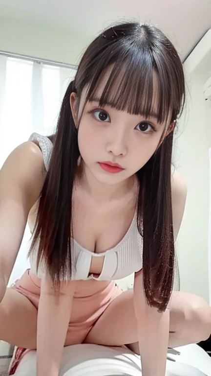 White sweater mini dress,bare shoulder,oollarbone,open mouth,tongue out,cum on tongue,Sitting on a black sofa,looking ahead,from above,flont view,face focus,open mouth,tongue out,(1girl,Beautiful 16 year old girl),((Slender,Small breasts,Small face,)),looking at viewer,Black Hair,bangs,two side up,Details about Reide,Mischievous smile,Dimly lit room,Simple Background,Gray background,Low lighting