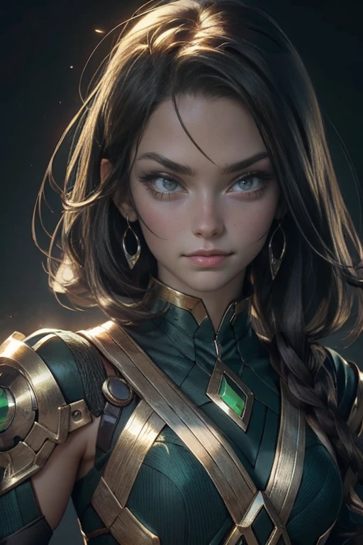 3dmm style,a portrait of a girl, long hair, blue eyes, lips, [seductress|babe] , science fiction, [power armor|armor] ,armored, wearing, breastplate, perfect face, pretty face, green eyes, purple hair, long hair, big chest, lush detail, absurdres, illustration, highres, cinematic lighting, dramatic angle