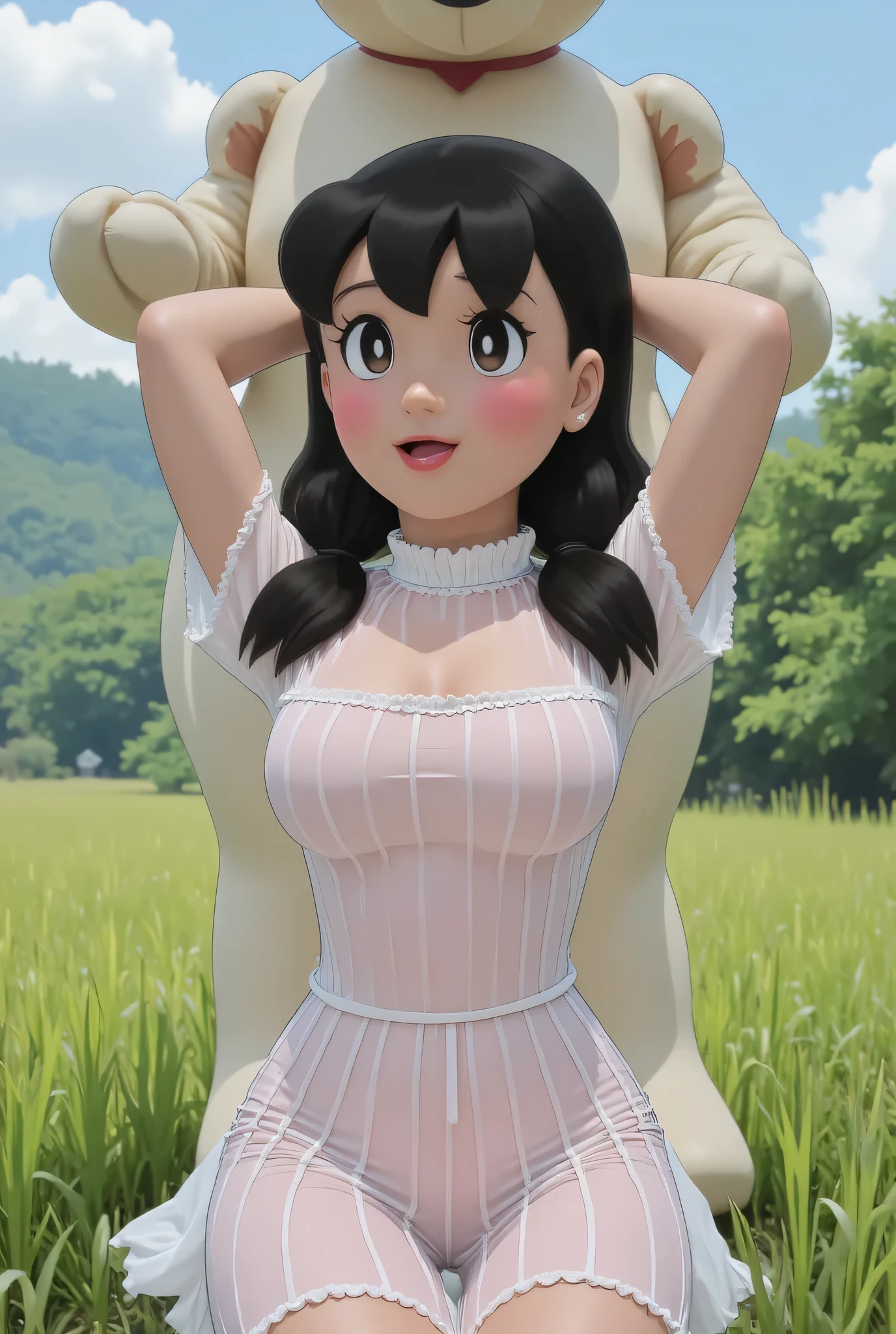 Visible female panties, front posing, ("Facial expression in Happy big Orgasm"), Both hands lying behind the back, (photorealistic:1.6) ((Indonesian hijab)), background rice paddy. daytime atmosphere, (((please don't showing any finger!!!))), (BARING DIATAS TIGA HUGE TEDDY BEAR)), hands behind back, Look from the front you are stupid!, wearing Fully transparent bright white pleated print unbuttoned corduroy tight strapless dress. (blink pink eyeshadow & pink eyeliner) PLEASE DON'T PUT ANYTHING ROPE AT MY CLOTHES!!!. BOTH HANDS PLACED BEHIND THE BACK , SILFOE PHOTO. BIMBO LIPS, black hair bang style long straight and transparent pussy. 老人が後ろから私の胸を抱きしめた?