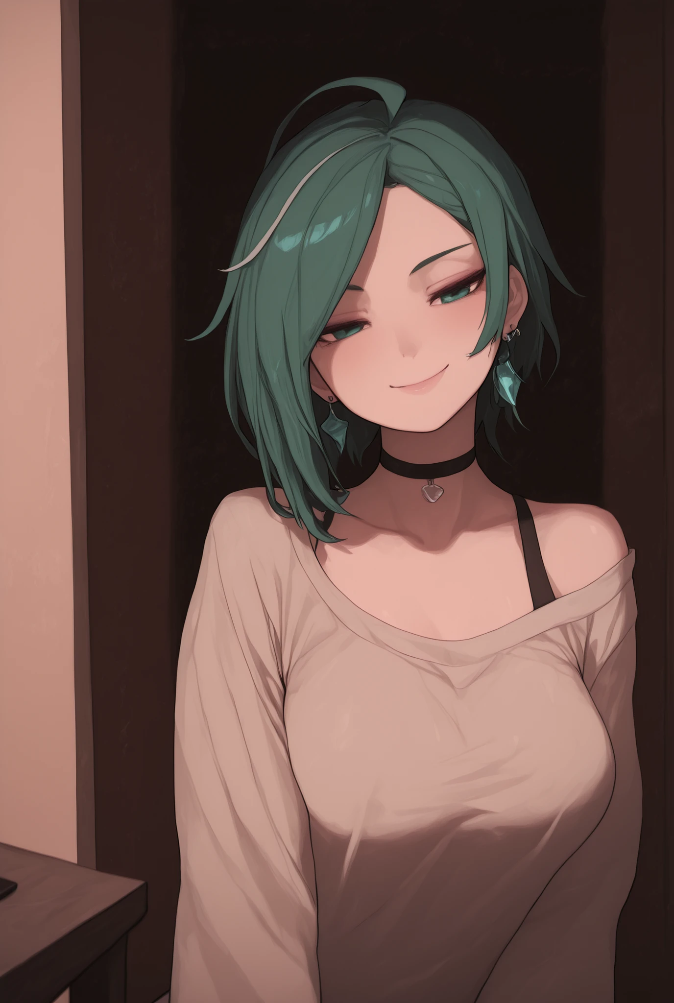 masterpiece, best quality, very aesthetic, absurdres, amazing quality, newest, very awa, highly detailed, fine detail, intricate detail, volumetric lighting, perspective, perfect lighting, 1girl, big breasts solo, blue eyes, very short hair, piercing in the ear, punk girl style, green hair, long hair, streaked sidelocks, ahoge, cherry earrings, black choker, loose shirt, dropped shoulders, short and wide sleeves, heart print, indoors, cafe, sitting, table, cup, coffee mug, arm rest, naughty smile, male condom in mouth, head tilt,