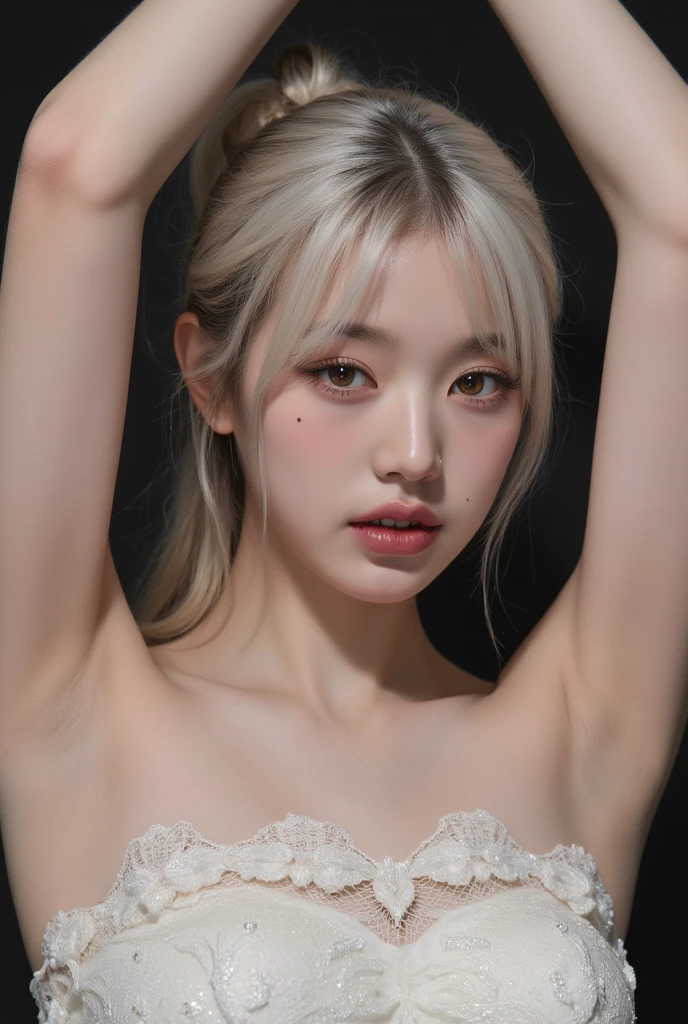 (cabakura), sweaty skin, <lora:koreanDollLikeness_v15:0.33>, <lora:chilloutmixss_xss10:0.1>, ulzzang-6500, (aegyo sal:1.0), (raw photo:1.2), (gigantic breasts:0.5), (photorealistic:1.4), best quality, masterpiece, illustration, an extremely delicate and beautiful, extremely detailed, CG,unity, 8k wallpaper, Amazing, finely detail, masterpiece, official art, extremely detailed CG unity 8k wallpaper, absurdres, incredibly absurdres, huge filesize, ultra-detailed, highres, extremely detailed, beautiful detailed girl, extremely detailed eyes and face, beautiful detailed eyes, light on face, cinematic lighting, looking at viewer, wide hips, thick thighs, (orgasm:1.4), (white off shoulder dress clothes:1.6), (smile:1.2), 11 line abs, porn pose, model pose, (silver_short_waved_hair:1.4), (silver_high_ponytail:1.4), portrait, (beautiful Korean woman), (Kpop idol), (bust shot:1.7), (no_bra), (background_photo_studio:1.6), (small breast:1.2), (nude), (naked)