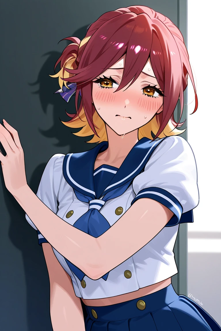 score_9, score_8_up, score_7_up, rating_explicit, masterpiece, best quality,high quality,highres,very aesthetic, absurdres, high detailed,optimal lightning,4k,8k wallpaper, source_anime, uncensored,official art, official style, megami magazine,BREAK,1 girl,risingstar xy,hairband,neckerchief,shirt,skirt,black thighhighs,unamused,disappointed,embarrassed,half closed eyes,looking away,kneeling,handjob,BREAK,1boy,BREAK,from above,pov,