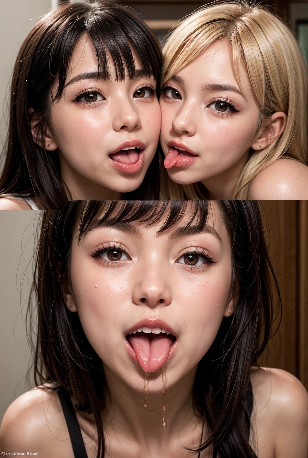 realistic, 2 women, selfie, mouth wide open, tongue out pose, face zoom, look up, , sitting, background bedroom