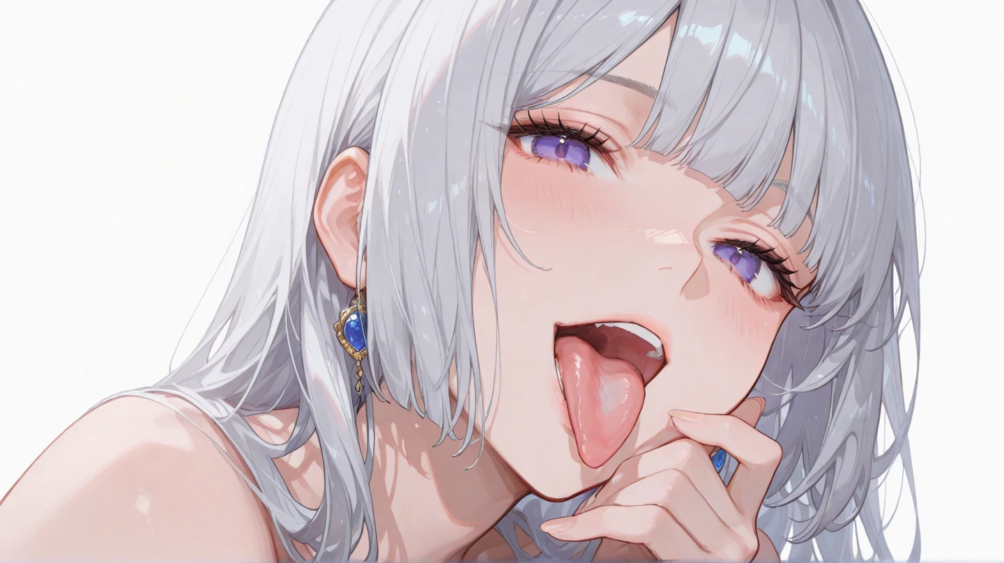rating_explicit, score_9, score_8_up, score_7_up, uncensored, narrowed eyes, naughty face, 1girl, hina_\(blue_archive\), halo, horns, silver hair, shiny skin, flat chest, (dark nipple), nude, portrait, face focus, close up, sexy pose, licking penis, looking up, from side, penis,