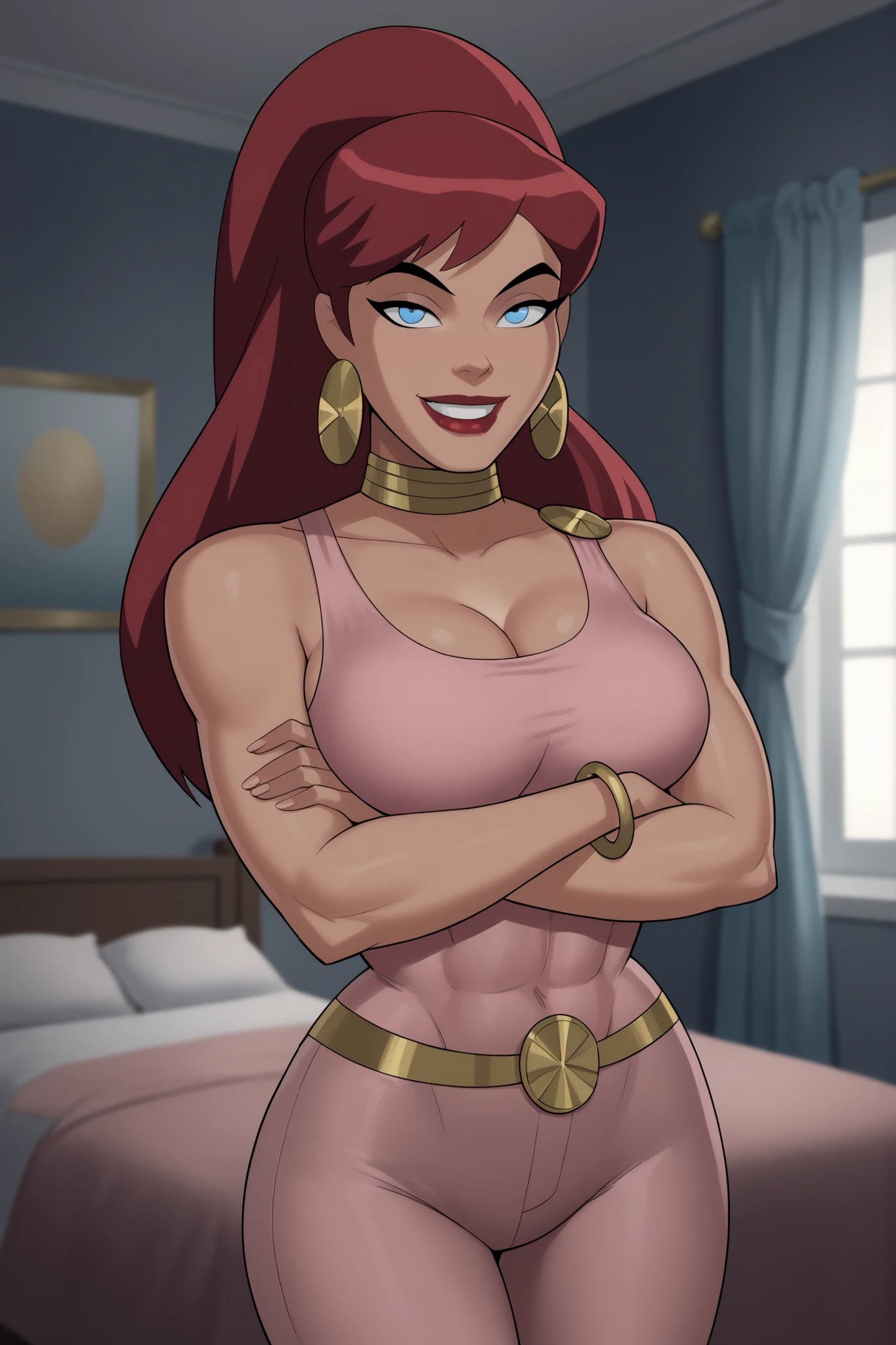red monika, portrait, smiling, sexy, long ponytail, huge breasts,  abs, (8k, RAW photo, best quality, masterpiece:1.2),ultra-detailed, (high detailed skin:1.2), 8k uhd, dslr, soft lighting, high quality,   <lora:Red_Monika_v2:0.75>