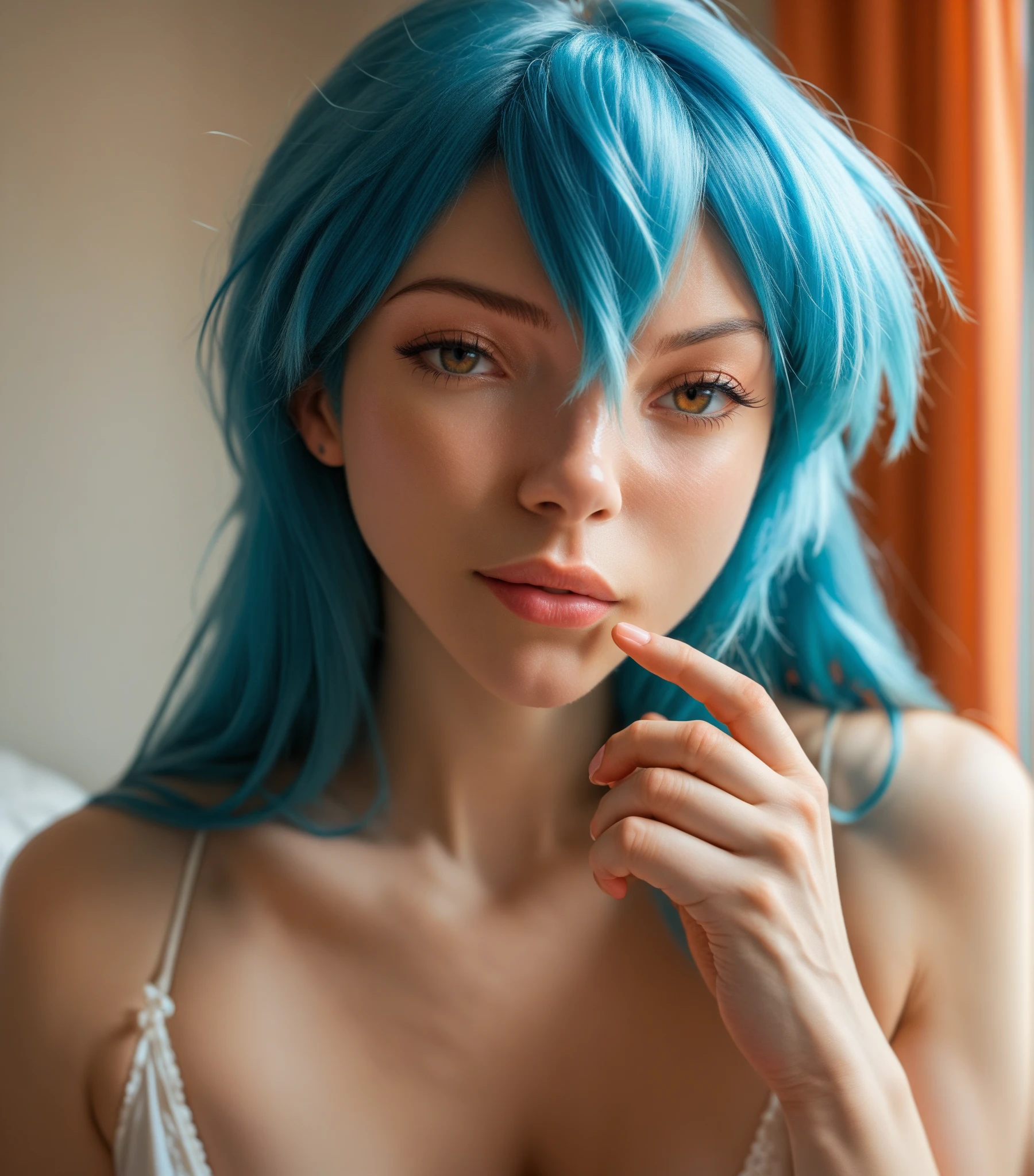 arafed woman with blue hair and black stockings laying on a bed, beautiful blue haired girl, pretty girl with blue hair, belle delphine, with blue hair, dark goth queen with blue eyes, anime girl cosplay, dark blue hair, blue piercing eyes, with blue skin, anime girl in real life, dark blue long hair, dark blue eyes, dark blue
