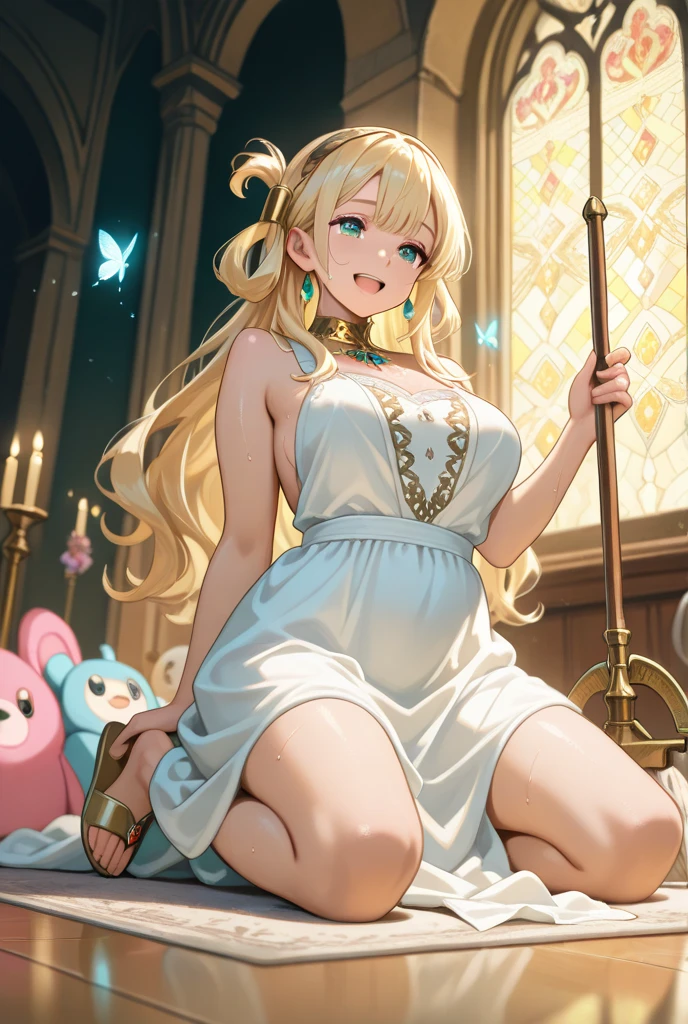 a beautiful angel princess with long blonde hair and green eyes wearing a white dress, sandals, necklace and earrings, bound to a tall chair with ropes and is struggling to break free, legs dangling helplessly, soles of her sandals visible