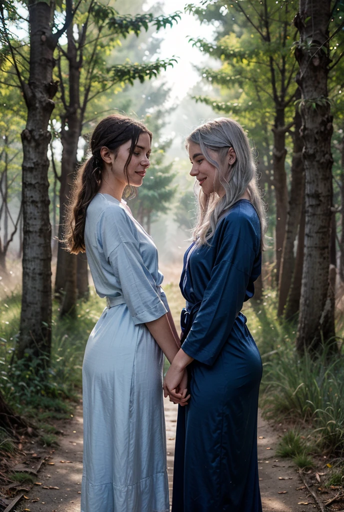 In a tranquil forest clearing near a serene lake, just before sunrise, two women from different indigenous tribes stand intimately close, watching the dawn. The sky is a gradient of deep blue and emerging gold as the sun begins to rise, casting a soft glow through the morning haze and volumetric clouds.

The Cherokee woman wears a deerskin dress with intricate beadwork of bones, seeds, and natural stones forming vibrant patterns. Her skin features symmetrical designs in ochre and charcoal, with a woven grass headband and deerskin moccasins. Her dark hair is braided with natural fibers and feathers.

The Lakota woman is adorned in a deerskin robe with beadwork of shells, seeds, and carved bones. Her skin is painted with red ochre and blue clay, with designs symbolizing her tribal identity. She wears a feathered headband and a beaded necklace of shells and bones, with her hair braided and decorated with feathers and beads.

The two women stand close, their arms touching as they watch the sunrise. Their faces are illuminated by the soft light of the dawn, and they both look towards the camera, slightly smiling. The lake reflects the emerging sunlight, and the surrounding forest is bathed in the gentle morning light.

**Objects/Tools/Items in the Scene:** feathers, beads, shells, stones, bones, deerskin, woven grass, natural fibers, moccasins, ochre, charcoal, red ochre, blue clay, headband, necklace, braid, patterns, sunrise, lake, forest, trees, foliage, haze, volumetric clouds, dawn, glow, intimate, traditional.