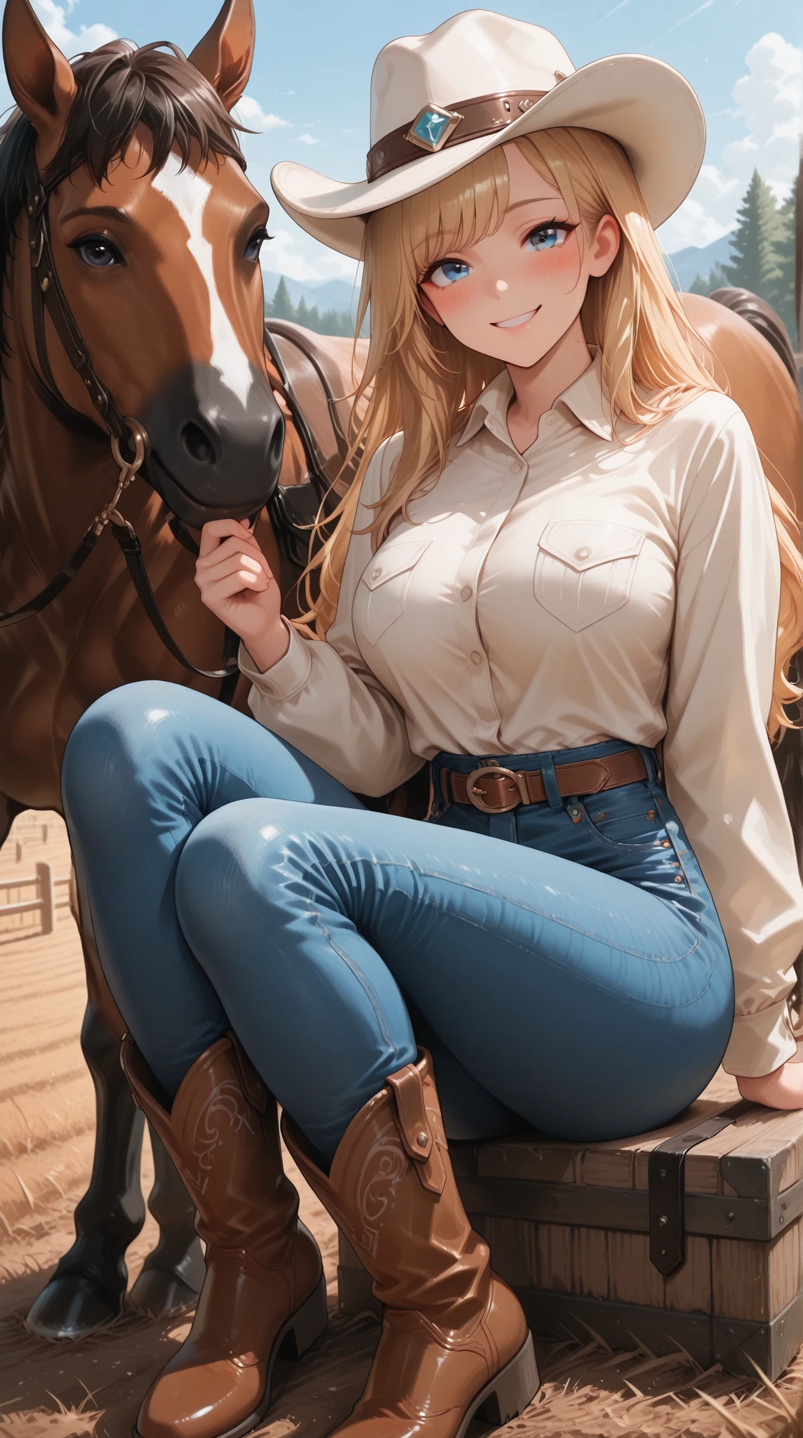 (very slender, shredded, incredibly fit, toned:1.5), wide hips, huge perky ass, very tanned white skin, long brown hair, big blue eyes, (most beautiful woman on earth, detailed face and eyes:1.5), looking at viewer, masterpiece, best quality, shallow depth of field, 8K HDR, natural breasts, 85mm photo, shallow depth of field, tack sharp, solo, 1girl, (face extremely close to camera, downblouse, cleavage:1.5), centred in frame, facing camera, plump full lips, exaggerated hourglass physique, zero body fat, muscle definition, striations, broad shoulders, deltoids, tiny waist, long lean torso, shredded eight pack abs, obliques, real hands, (extremely seductive equestrian, flirtatious smile, horse stables, equestrian pants, tight jacket, riding boots:1.2), SlightMuscle