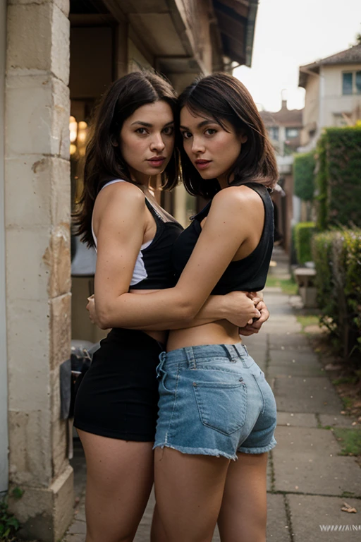 portrait photo of 13 yo short haircut freckles CadeyMerc and Adriana Chechik in short-sleeves nightclub t-shirts, seen 45 degrees angel and 2 meters from above, sitting at infinite spiral staircase stop deep dark void inside infinitely deep cobblestone austrian tower, grayscale, (best quality) (detailed) (8k) (HDR) (wallpaper) (cinematic lighting) (sharp focus) (intricate)