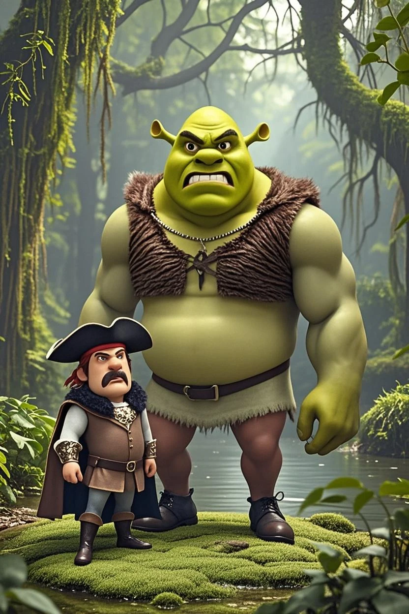 A very small, fat dwarf with a cowboy hat, a red blouse open showing his belly, a small mustache and a gold chain. He was with his friend Sherek, a green ogre with a long white blouse and an old, worn brown leather vest.